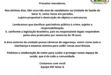 Photo of Unidade de Saúde do Setor G registra atos de vandalismo e Secretaria de Saúde emite alerta à comunidade